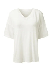 White Waffle Texture V Neck Drop Shoulder Loose Tee - Femstylo