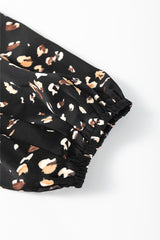 Black Leopard Print Puff Sleeve Mock Neck Pleated Blouse