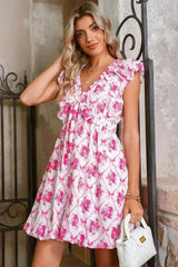 Multicolour Boho Bow Floral Print Knot V Neck Mini Dress - Femstylo