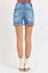 RISEN Front Slit Raw Hem Denim Shorts - Femstylo
