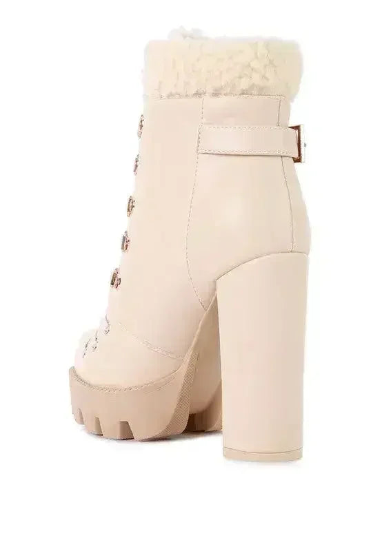 Faux Leather Fur Collar Ankle Boots - Chunky Heel | Femstylo - Femstylo