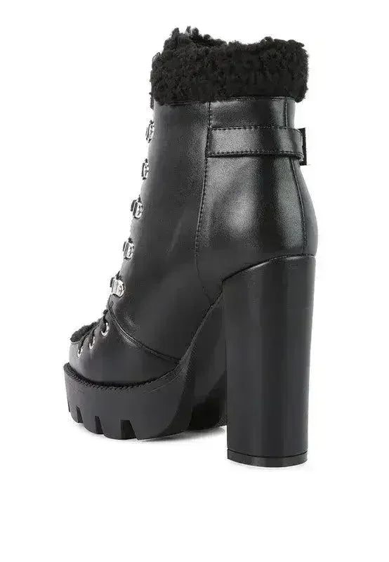 Faux Leather Fur Collar Ankle Boots - Chunky Heel | Femstylo - Femstylo
