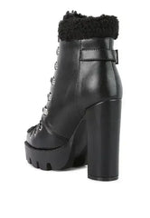 Faux Leather Fur Collar Ankle Boots - Chunky Heel | Femstylo - Femstylo