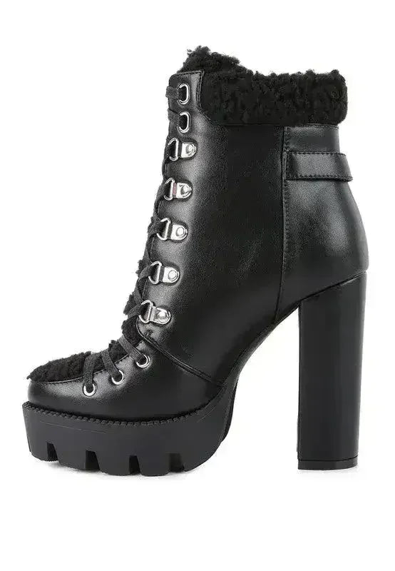 Faux Leather Fur Collar Ankle Boots - Chunky Heel | Femstylo - Femstylo