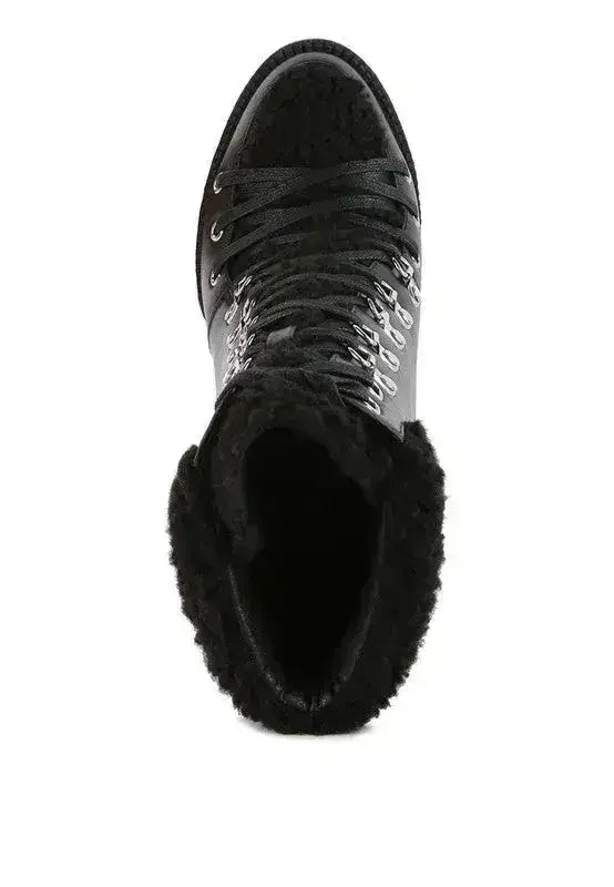 Faux Leather Fur Collar Ankle Boots - Chunky Heel | Femstylo - Femstylo