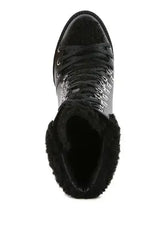 Faux Leather Fur Collar Ankle Boots - Chunky Heel | Femstylo - Femstylo