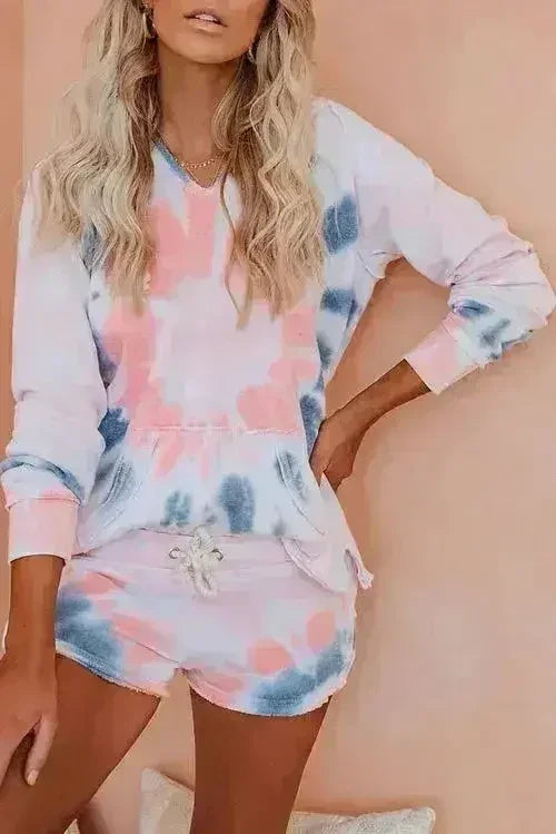 Cotton Blend Pocketed Pink Tie-dye Hoodie Shorts Set - Femstylo