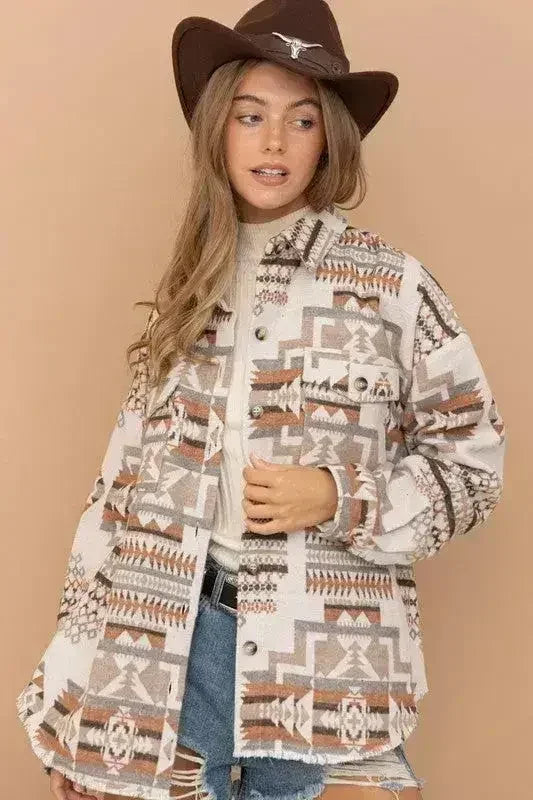 Frayed Aztec Western Shacket - Femstylo