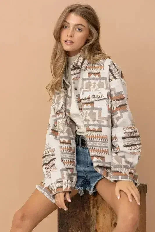Frayed Aztec Western Shacket - Femstylo