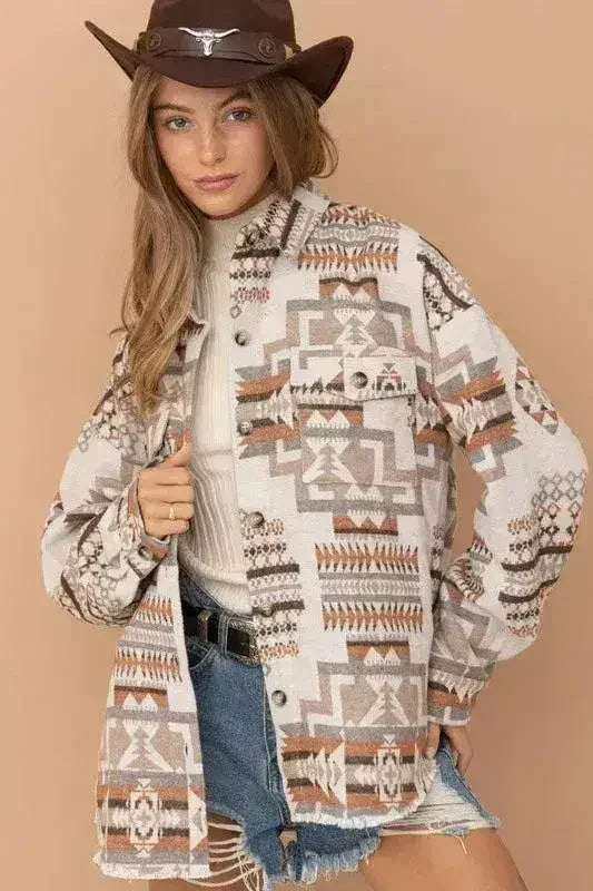 Frayed Aztec Western Shacket - Femstylo