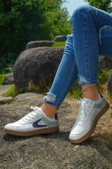 Navy Blue PU Leather Lace Up Sneakers - Femstylo