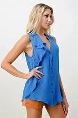 Sleeveless Button-Up Ruffle Blouse - Femstylo