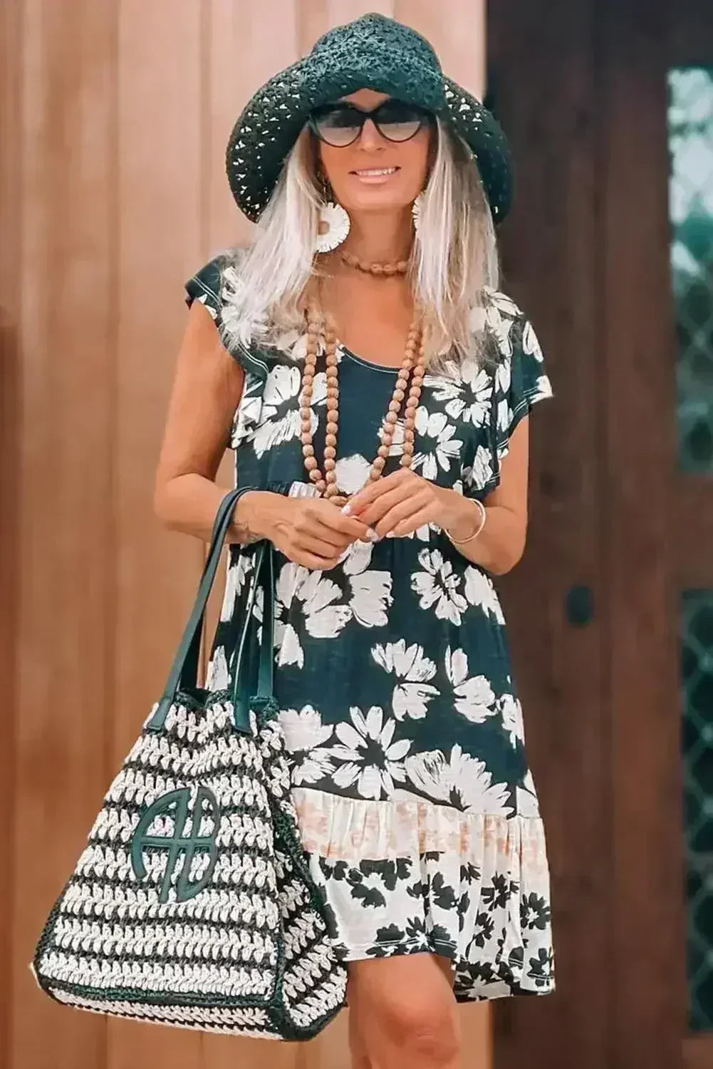 Dark Green Floral Print Ruffle Sleeve Empire Waist Mini Dress - Femstylo