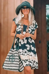 Dark Green Floral Print Ruffle Sleeve Empire Waist Mini Dress - Femstylo