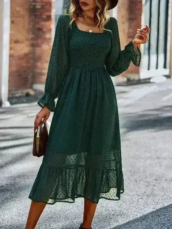 Smocked Long Sleeve Dot Dress – Flirty & Feminine Style - Femstylo