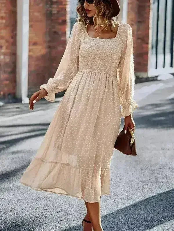 Smocked Long Sleeve Dot Dress – Flirty & Feminine Style - Femstylo