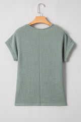 Mist Green Hollow Patchwork Waffle Knit Top