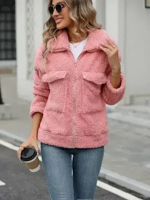 Zip Up Long Sleeve Plush Jacket - Femstylo