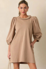 Light French Beige Twist Braided Embellished Puff Sleeve Dress