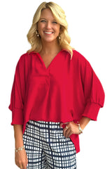 Fiery Red Solid Color Collared Loose Tunic Top