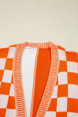 Orange Checkered Open Front Drop Shoulder Cardigan