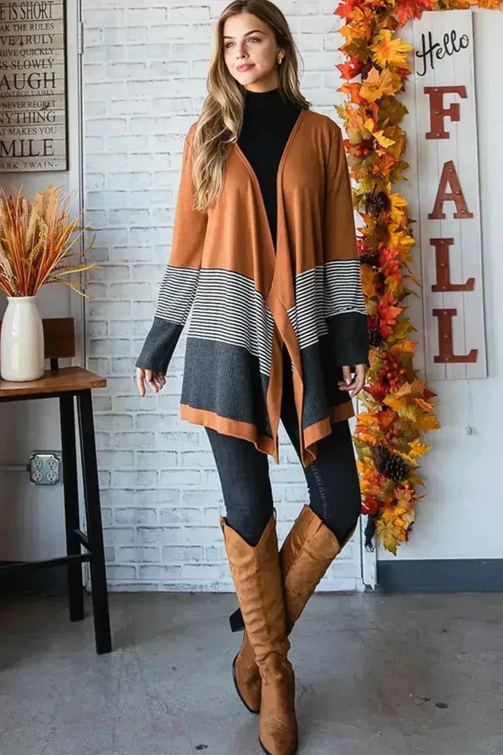 Orange Colorblock Striped Patchwork Open Cardigan - Femstylo