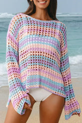 Purple Striped Hollow Knit Summer Beach Cover Up - Femstylo
