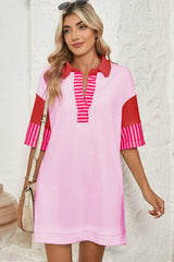 White Stripe Colorblock Sleeve Collared Pop of Color Neckline Dress
