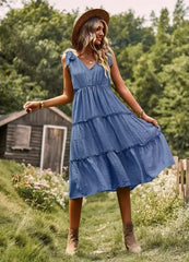 Tiered V neck dress with ties