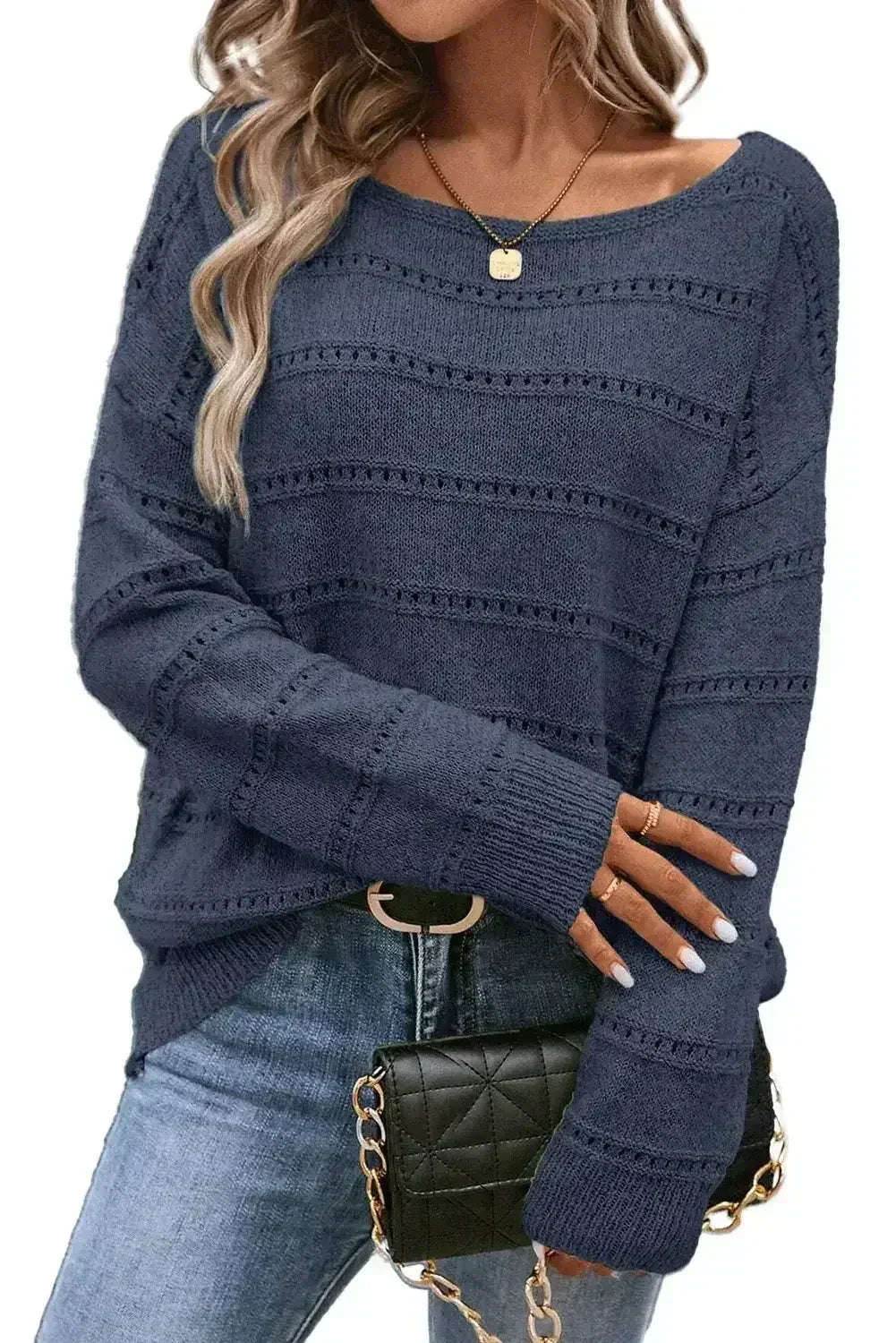 Real Teal Boat Neck Drop Shoulder Pointelle Knit Sweater - Femstylo