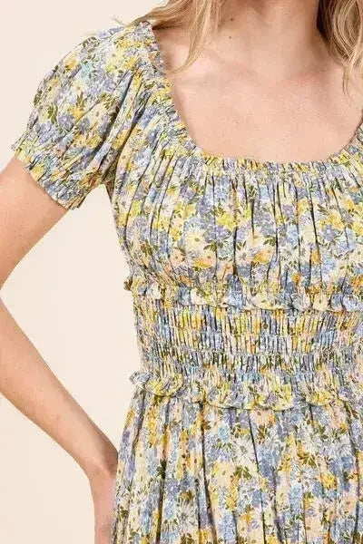 Mittoshop Flower Print Puff Sleeve Gathered Maxi Dress - Femstylo