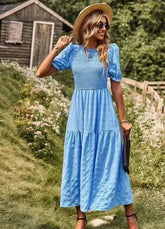 Smocked textured midi dress - Femstylo