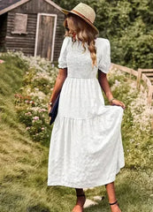 Smocked textured midi dress - Femstylo