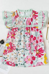 Pink Floral Print Ruffle Trim Pleated Boho Blouse | Femstylo - Femstylo