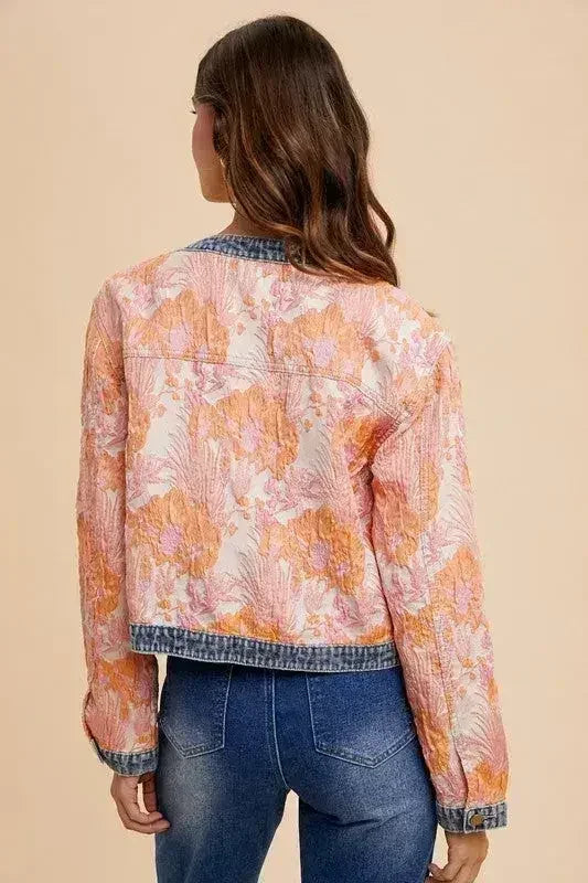 Floral Jacquard Denim Jacket - Contrast Button Down | Femstylo - Femstylo