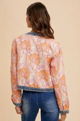 Floral Jacquard Denim Jacket - Contrast Button Down | Femstylo - Femstylo