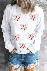 White Sequin Bow Baseball Patched Casual Sweatshirt