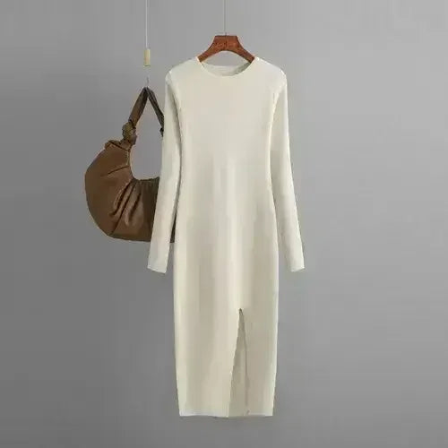 Autumn And Winter Long Sleeve Knitted Backless Round Neck Dress - Femstylo