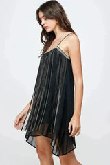 Chiffon A-Line Mini Dress with Metallic Fringe Detail - Femstylo
