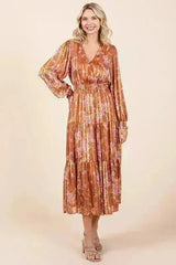 Mittoshop Flower Print Satin Lurex Stripe Smocked Midi Dress - Femstylo