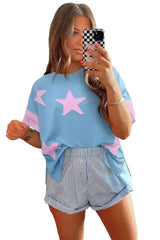Aruba Blue Frayed Star Patched 4th of July Oversize T Shirt - Femstylo