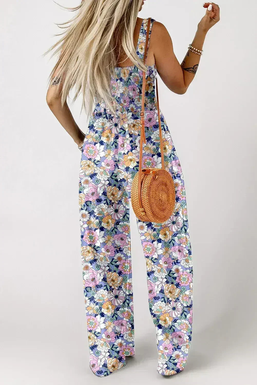 Purple Floral Square Neckline Stretch High Waist Jumpsuit - Femstylo