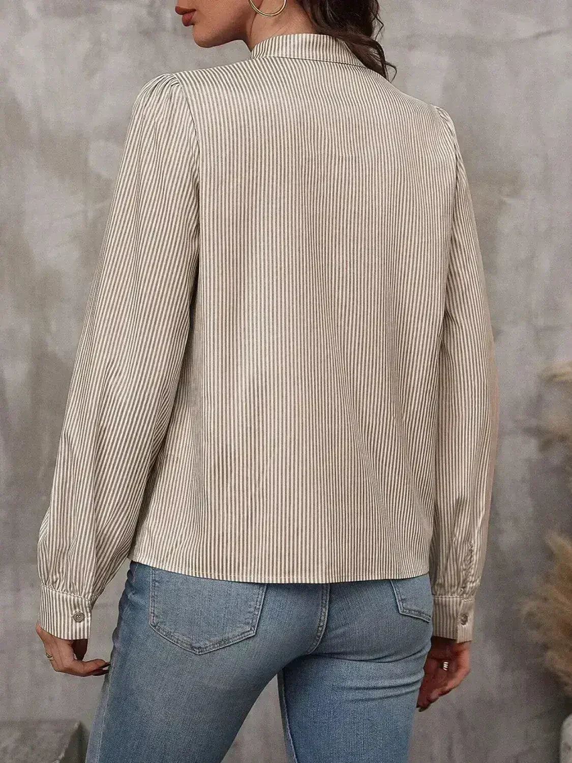 Striped Tie Neck Long Sleeve Blouse – Femstylo - Femstylo