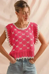 SO ME Bow Ribbon Pattern Sweater Top with Back Key Hole - Femstylo