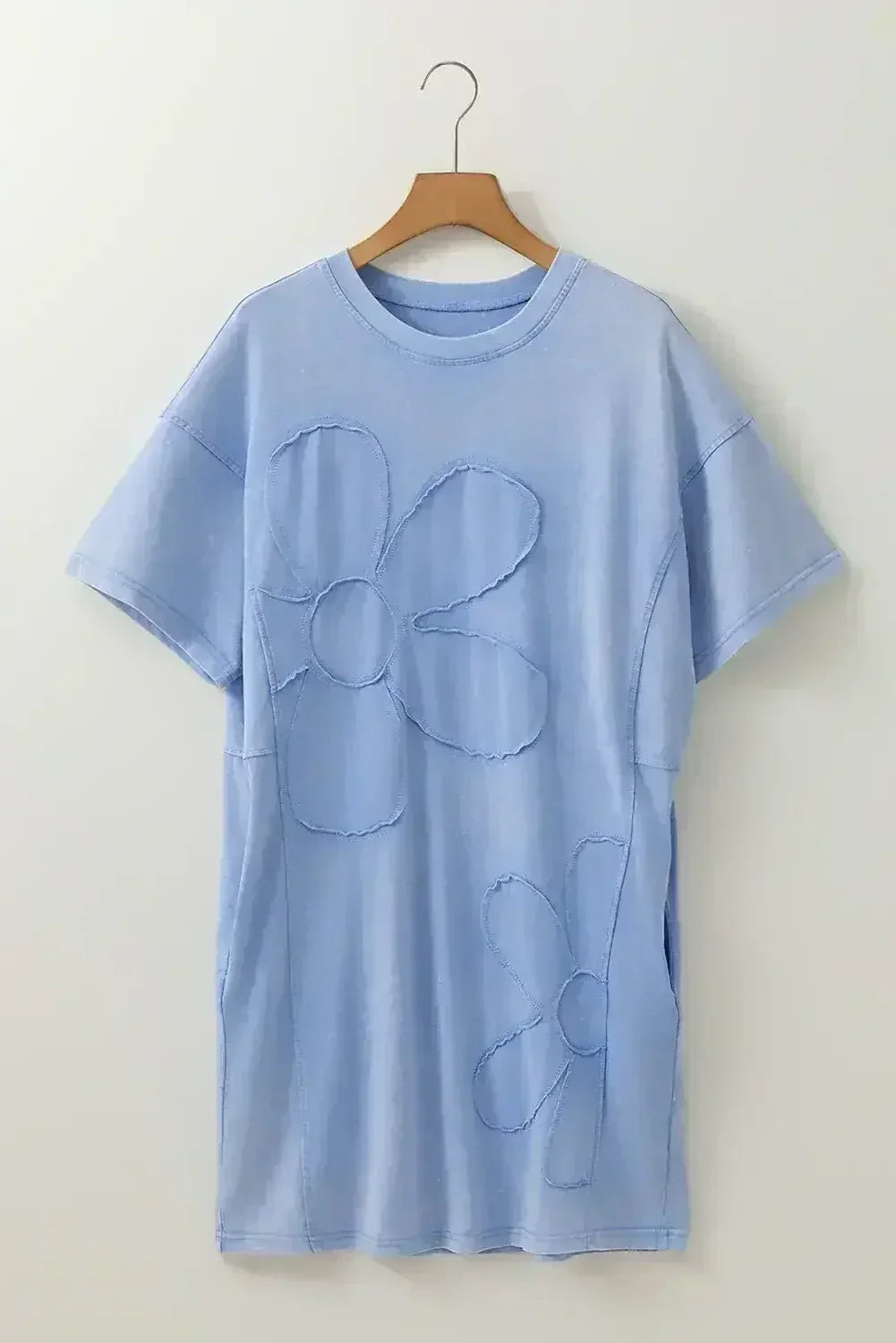 Sky Blue Mineral Wash Flower Patchwork Mini T Shirt Dress - Femstylo