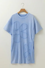 Sky Blue Mineral Wash Flower Patchwork Mini T Shirt Dress - Femstylo