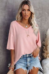 White Waffle Texture V Neck Drop Shoulder Loose Tee