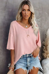 White Waffle Texture V Neck Drop Shoulder Loose Tee - Femstylo