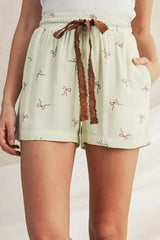 White Bow Pattern Lace Tie Elastic Waist Shorts - Femstylo