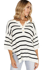 White Stripe Drop Shoulder Bracelet Sleeve Henley Knit Tee